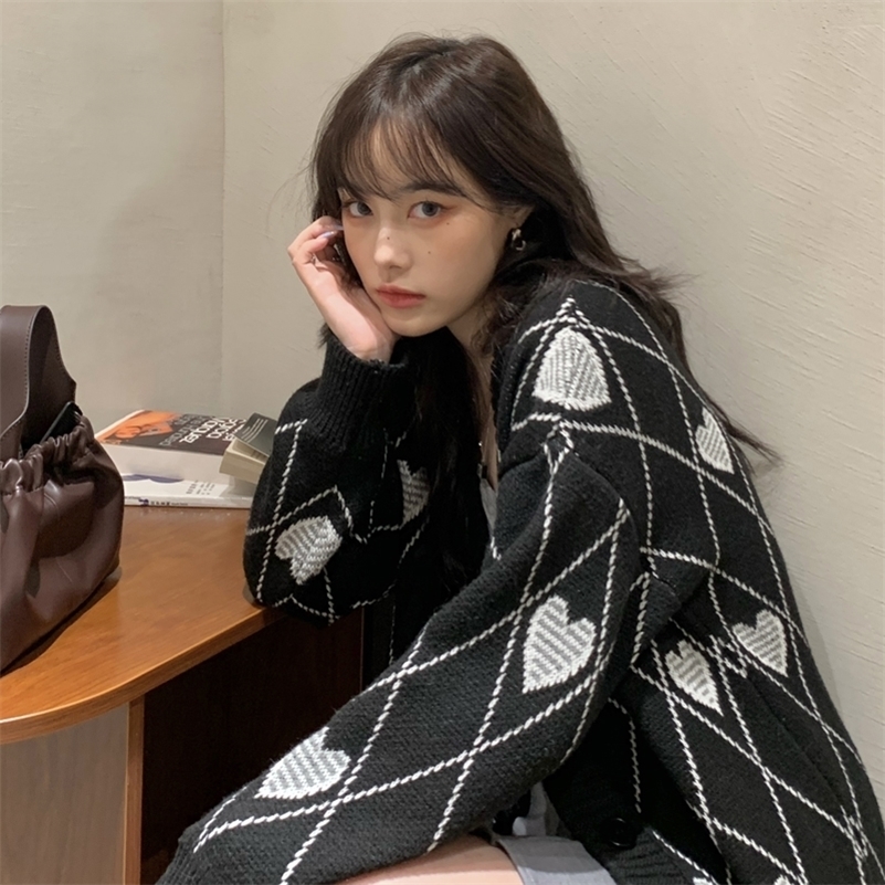 

autumn Winter korean style Love Embroidery knittd cardigans loose sweaters Cardigans womens C8213 220813, Black