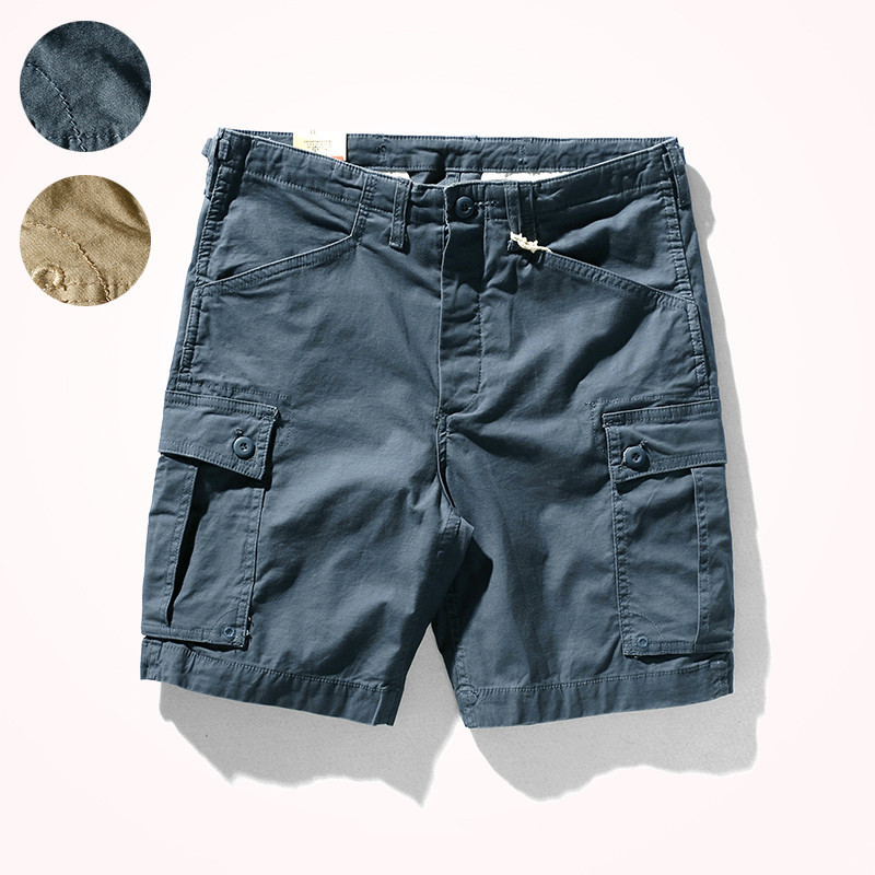 

Summer Tooling Shorts Men's Trend Loose Knee Length Pants Pure Cotton Washed Old Woven Multi-pocket Casual Cargo Shorts, Gray blue