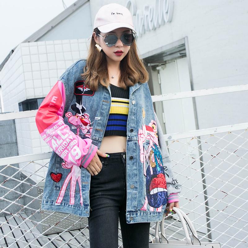 

Women's Jackets Autumn Spring Fashion Sequins Denim Jacket Women Cartoon Printing Loose Jeans Lady Streetwear CoatsWomen's, Blue