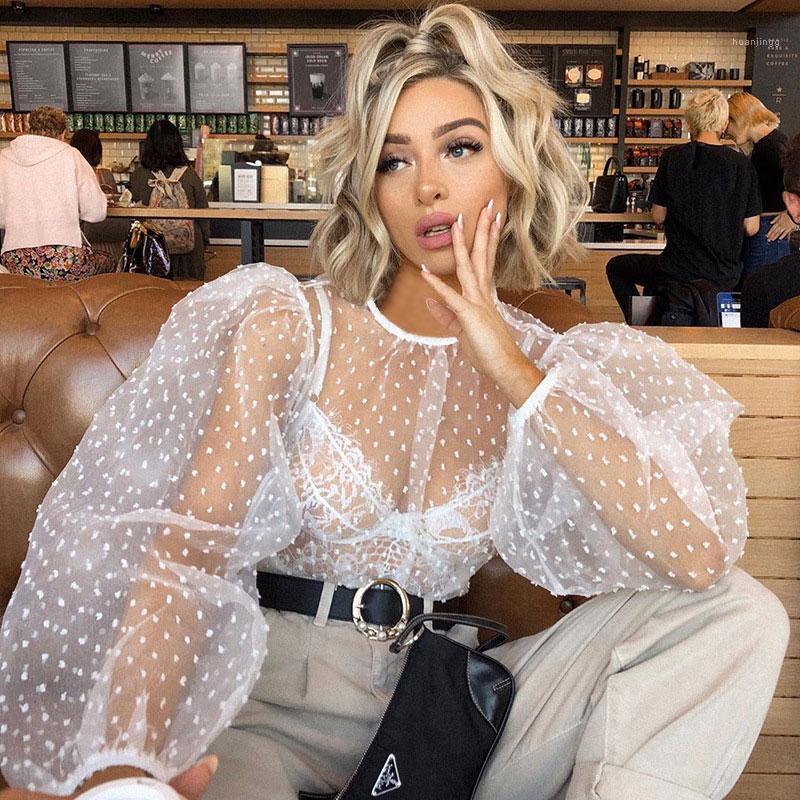 

Puff Sleeve Mesh Polka Dot Shirt Women See-through Blouses Sheer Long Blouse O Neck Shirts Black White Female Tops Women