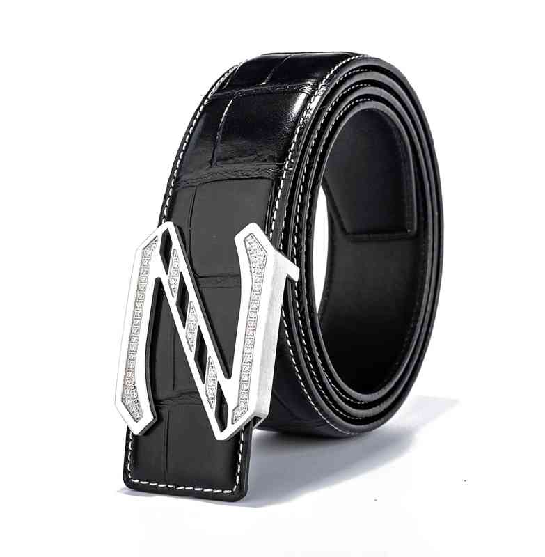 

Men's diamond studded steel original crocodile double-sided head leather smooth buckle belt, Black