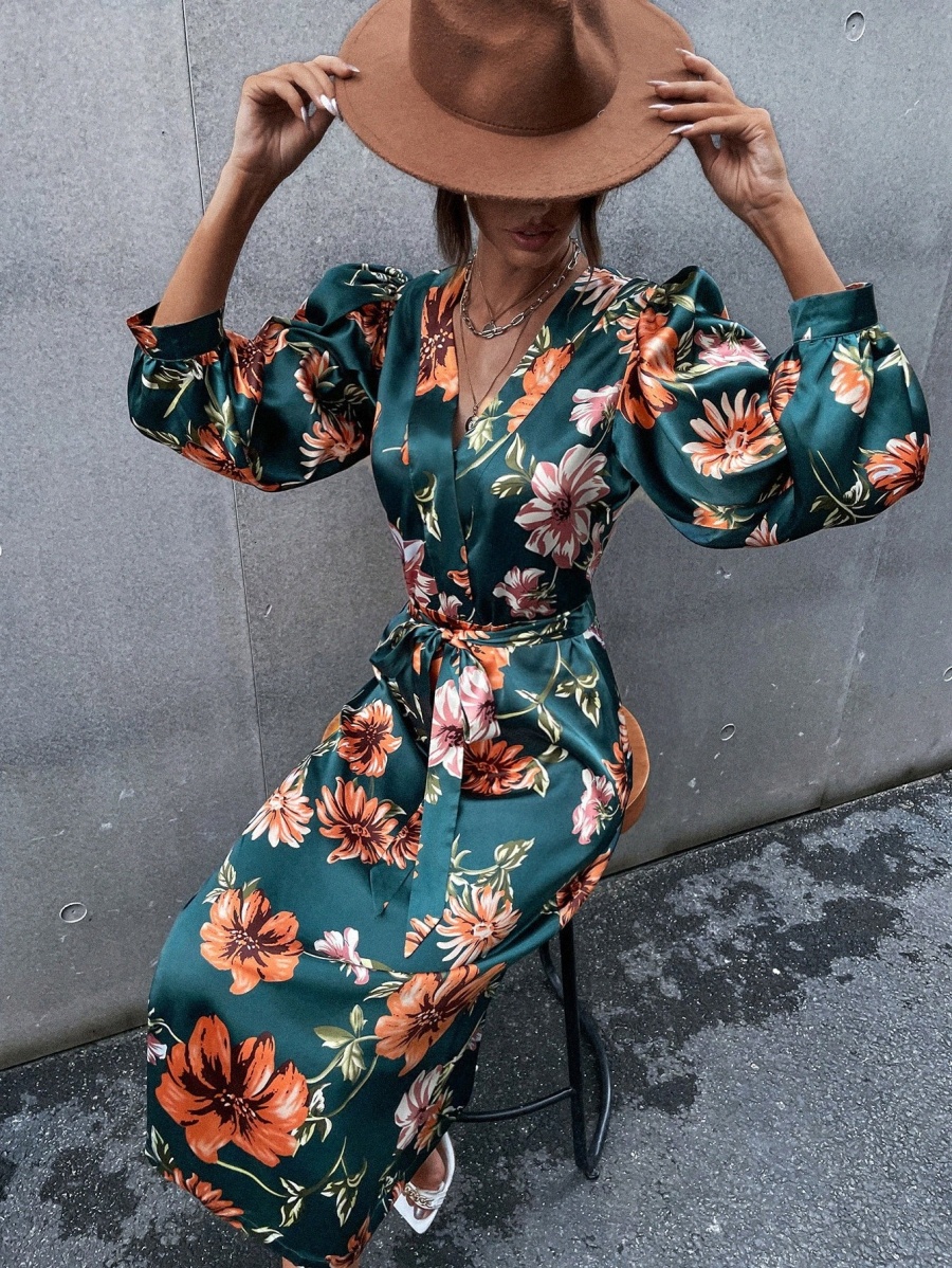 

satin Floral Print Surplice Front Belted Dress F1PG#, Multicolor