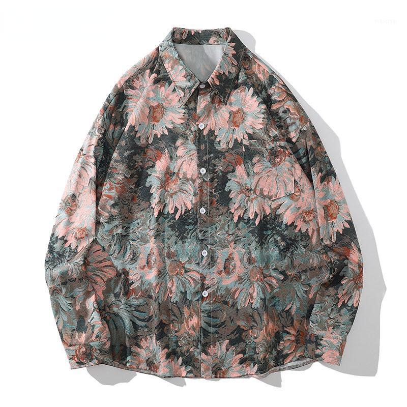 

Men's Casual Shirts Streetwear Graffiti Daisy Flower Painting Print Blouse Hip Hop Harajuku Fashion Loose Long Sleeve Tops, Blue