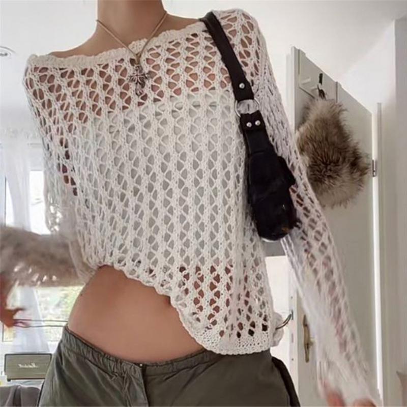 

Women' Sweaters Fashion Women Knit Shirts See-though Hollow Out Clothes All-match Casual Pullover Vintage Sweater Basic TopsWomen, White