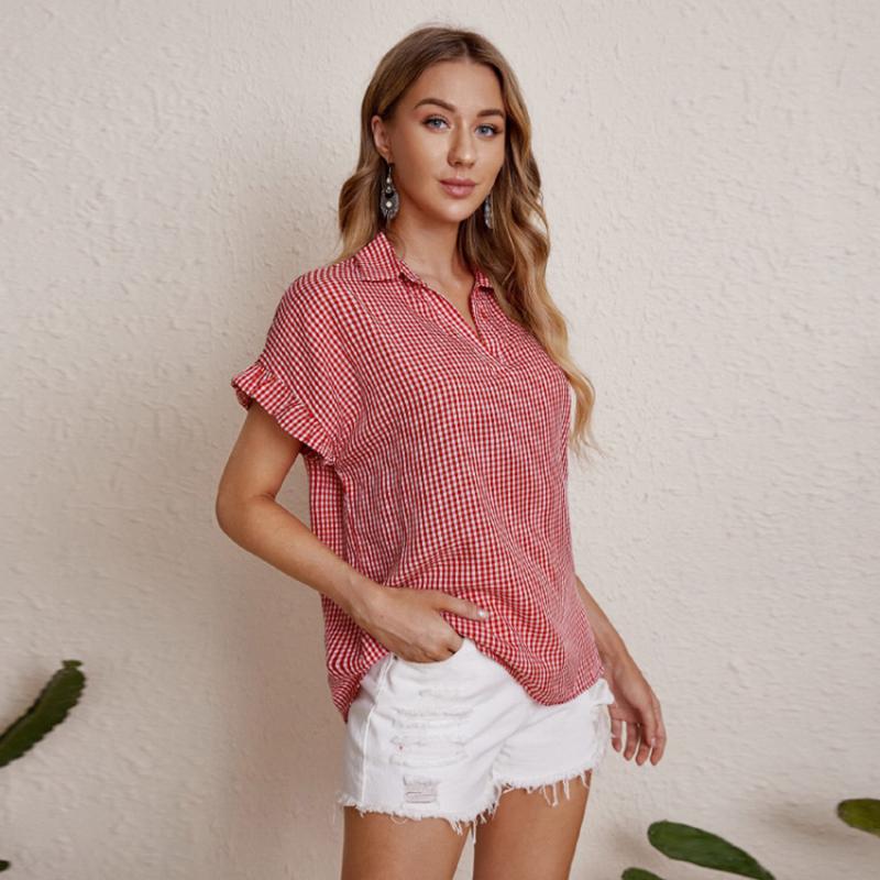 

Women' T-Shirt Cassic Plaid Shirts For Women 2022 Fashion Short Sleeve Turn-down Collar Ladies Elegant Chiffon Blouses Black Pink Navy Tops