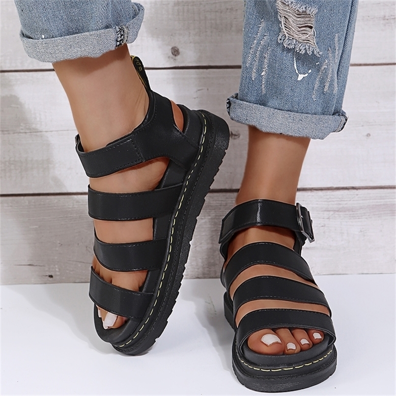 

Summer Martens Shoes Woman Flats Platform Sandals Women Soft Leather Casual Open Toe Thick Bottom Wedges Women Shoes 220406, Black