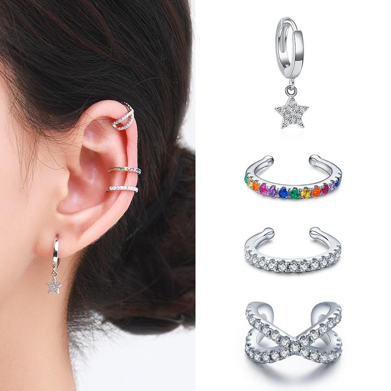 

Clip-on & Screw Back Modian 1 PCS Ear Cuff Real 925 Sterling Silver Rainbow Zirconia Elegant Fashion Clip Earrings For Women Statement Jewel