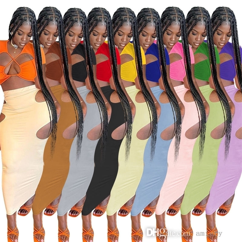 

Summer Two Piece Dress Set Summer Long Skirt Suit Designer Sexy Hollow Out Drawstring Bodycon Casual Dresses Ladies Streetwear, Orange