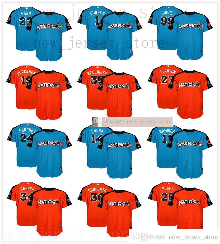 

2017 All-Star Game Baseball Jerseys Stitched Sale Miller Sanchez Stanton Posey Conforto Harper Blackmon Correa 12 Lindor 35 Bellinger 99 Jud