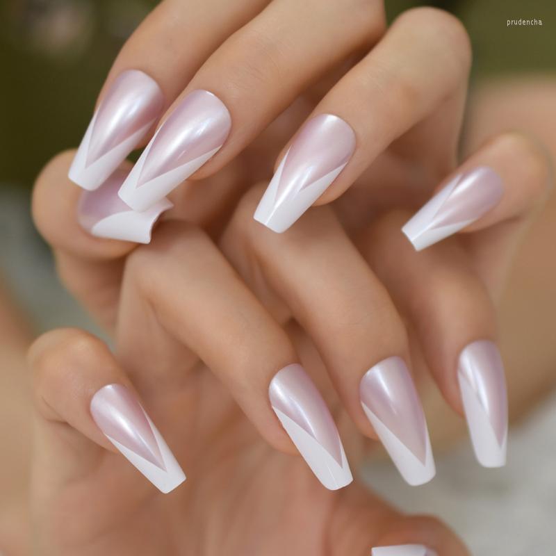 

False Nails Medium V Shape Pearlescent Fake Nail Natural Glossy French Coffin Faux Ongles Acrylic Decoration Prud22, L5216