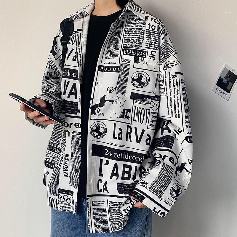 

Spring Autumn Men Fashion Harajuku Spaper Print Hip Hop Top Long Sleeve Loose Casual Shirt Clothing Outwear Streewear Men's Shirts, Black