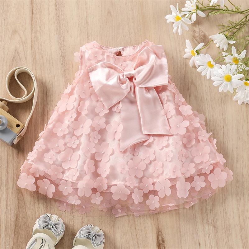 

Girl's Dresses Toddler Baby Girls Sweet Dress Solid Color Flower Printed Mesh Patchwork Bowknot Sleeveless DressGirl's, Pink
