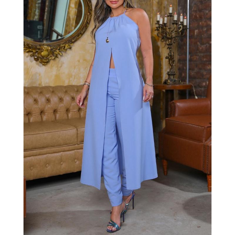 Women's Two Piece Pants Summer Women High Slit Longline Halter Top & Set Fashion Femme Sleeveless Solid Casual Pieces Outfits Robe Cloth