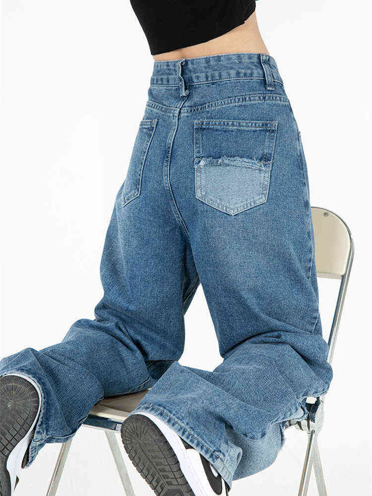 

Stitching Light Blue Jeans Women' Summer New Retro Design Simple Loose High Waist Straight Wide Leg Pants Female Denim Trousers T220728
