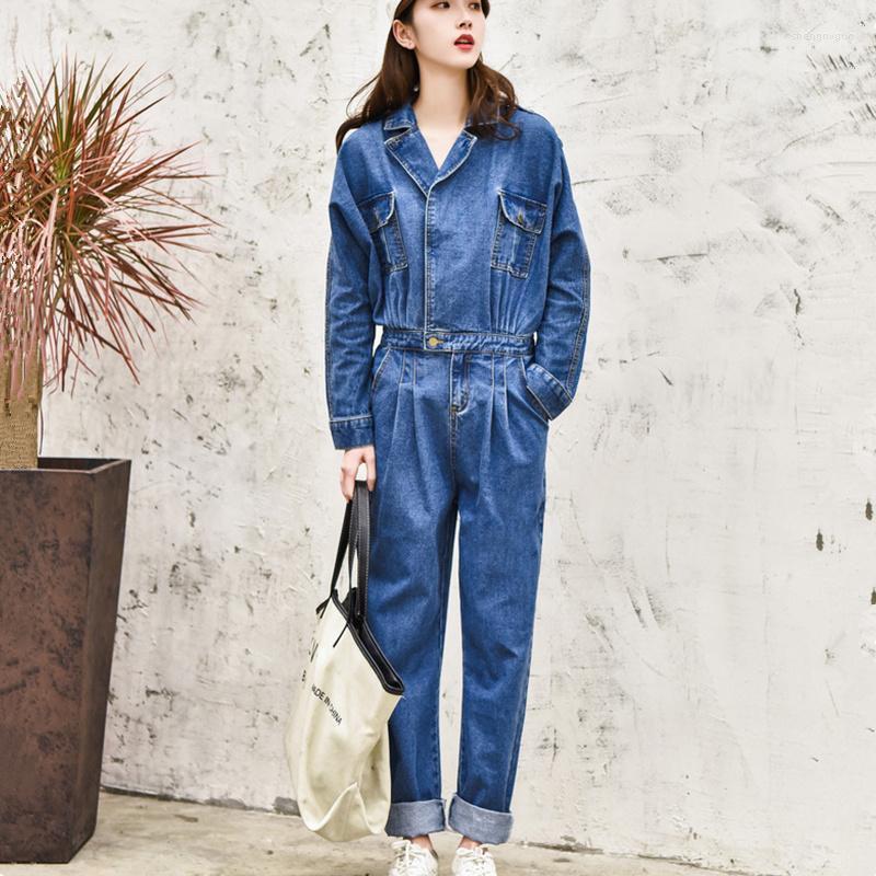 

Women's Jumpsuits & Rompers Long Sleeve Denim Jumpsuit Women 2022 Spring Vintage Double Pockets Design Jeans High Waist Outfit Overalls For, Light blue