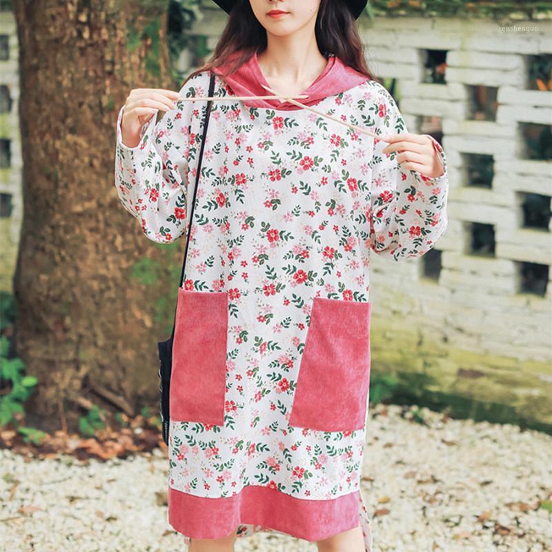 

Casual Dresses 2022 Arrival Corduroy Print Floral Japan Style Mori Girl' Chic Autumn Sweatershirts Dress Women Spring Midi, Black