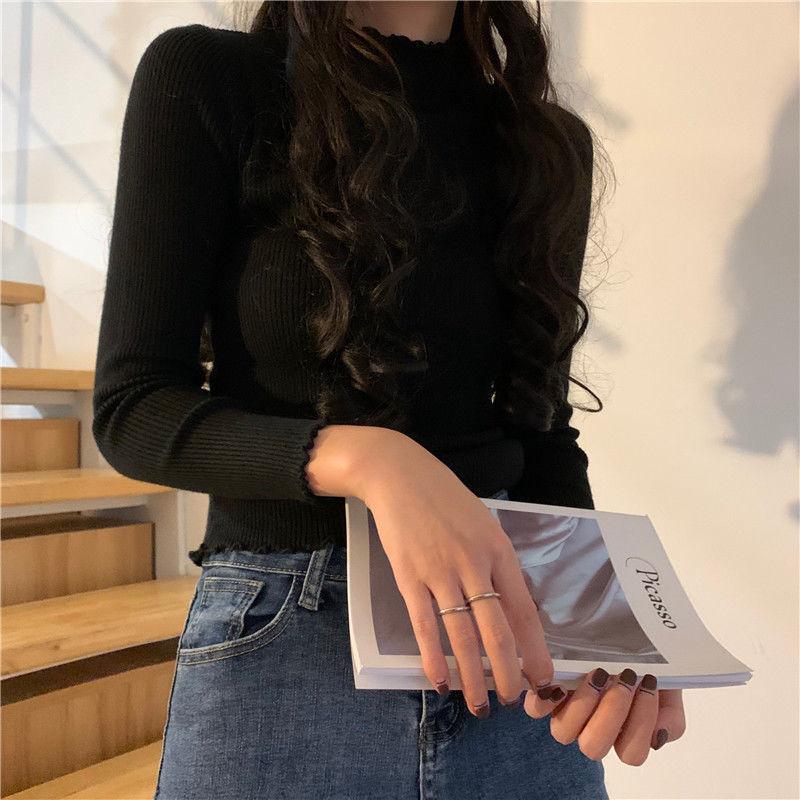 

Women' Sweaters AllSeason Fashion Woman Solid Casual Lovely Sexy Pullover Turtleneck Women Ruffle Cuffs Slim Tees Bottom Knitted Top SoftWo, Blue