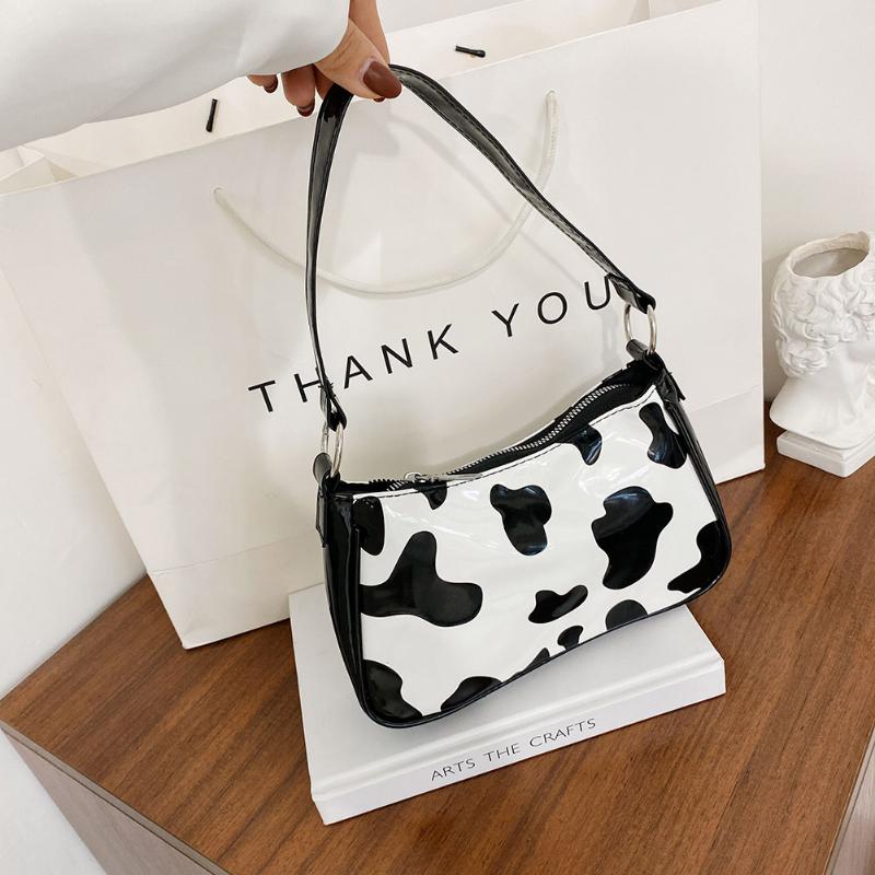 

Evening Bags Cow Milk Print Pattern Shoulder For Women 2022 Bright PU Leather Female Underarm Bolsa Feminina