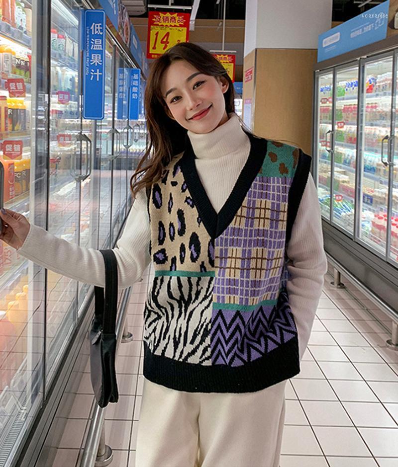 

Women's Vests Women Irregular Contrast Color Leopard Loose Knitting Vest V Collar Sleeveless Fashion Spring Autumn 2022 Clothing Luci22, Beige