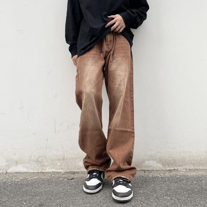 

Men' Jeans Brown Baggy Men Fashion Retro Casual Wide-leg Streetwear Loose Hip Hop Straight Denim Pants Mens TrousersMen, Coffee