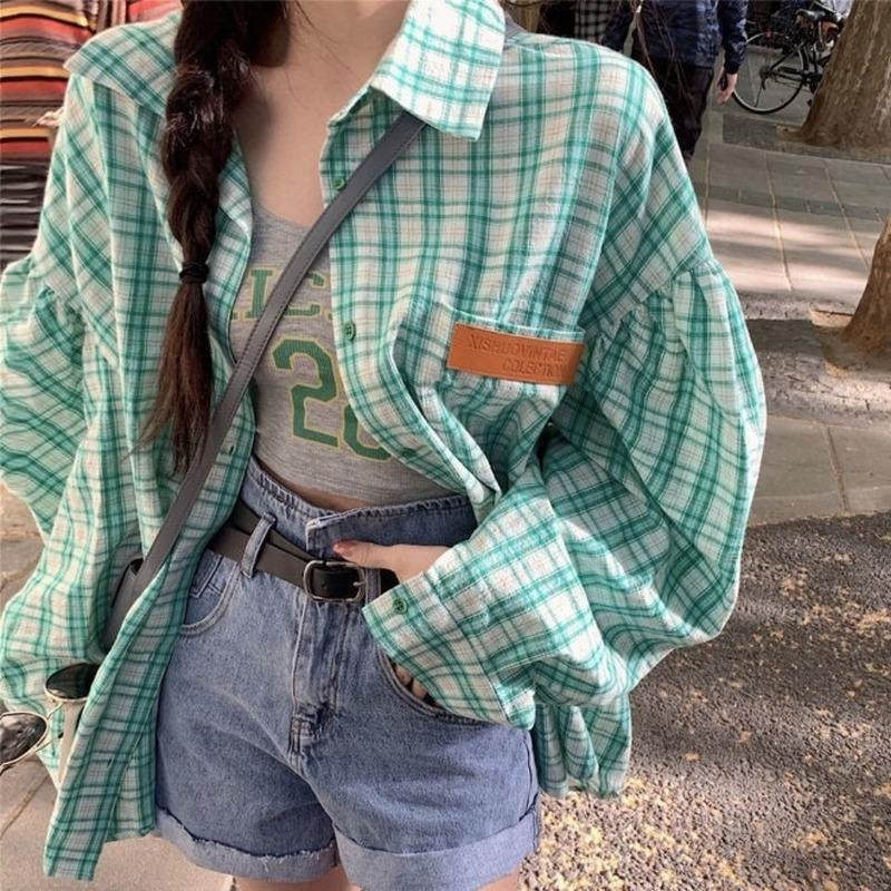 

Women' Blouses & Shirts Green Korean Style Plaid Harajuku Oversize Classic Vintage Shirt Female Long Sleeve Autumn Casual Women BlouseWomen