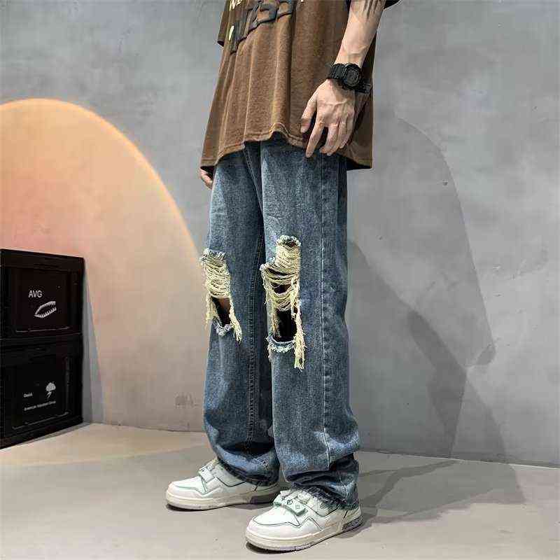 

Summer Blue Ripped Jeans Men Fashion Casual Baggy Wide Leg Jeans Men Streetwear Hip Hop Loose Straight Denim Pants Mens Trousers T220727, Retro blue