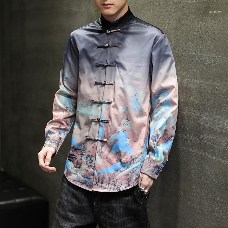 

M-5XL Plus Size Men Mandarin Collae Shirt Vintage Streetwear Long Sleeve Mountain Printed Frog Button Shirts Clothing XXXXXL Ethnic