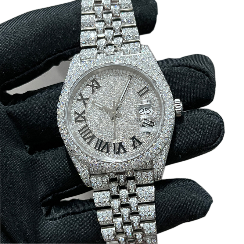 

Silver Moissanite Diamond date Watches PASS TEST Mechanical ETA movement Top quality Mens Luxury Full Iced Out waterproof Watch box included, Moissanite pass test