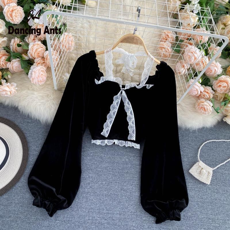 

Blouse Women Korean Fashion Clothing Lace Vintage Shirts Blouses Fall Female Long Puff Sleeve Sweet Crop Tops Drop Women's &, Black