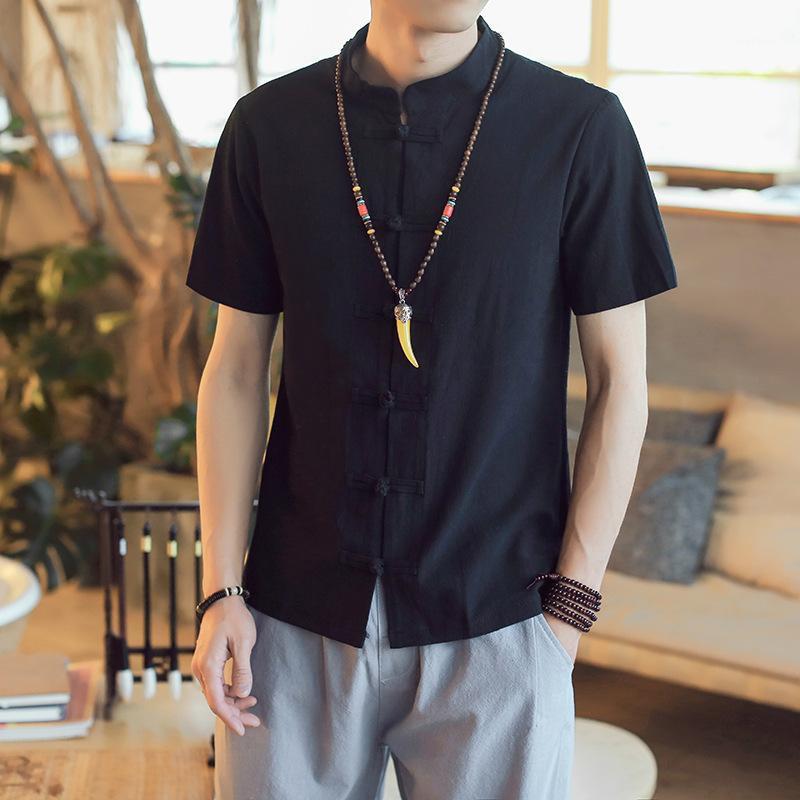 

#0505 Short Sleeve Shirt Men Stand Collar Vintage Casual Cotton Linen Regular Fit Chinese Style Plus Size 5XL White Black Men's Shirts