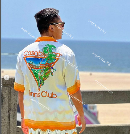 

Casablanca 23ss Designer Shirts White Orange Cactus Tennis Court Male and Female Hawaiian Short Sleeve Shirt Casablanc Button Up Sets, White orange shorts