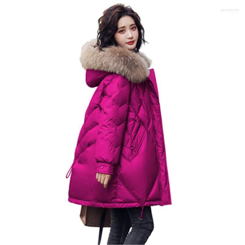 

Women's Down & Parkas Large Natural Fur Collar Hooded Winter Coat Women 90% White Duck Jacket Thick Warm Female Outerwear Pure Color Guin22, Black