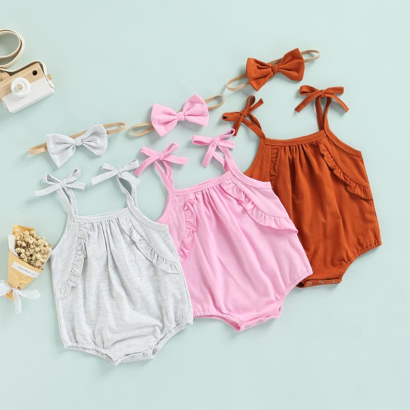 

Clothing Sets Infant Baby Girls Romper Set Lacing Spaghetti Straps Solid Color With Bowknot HairbandClothing, Gray