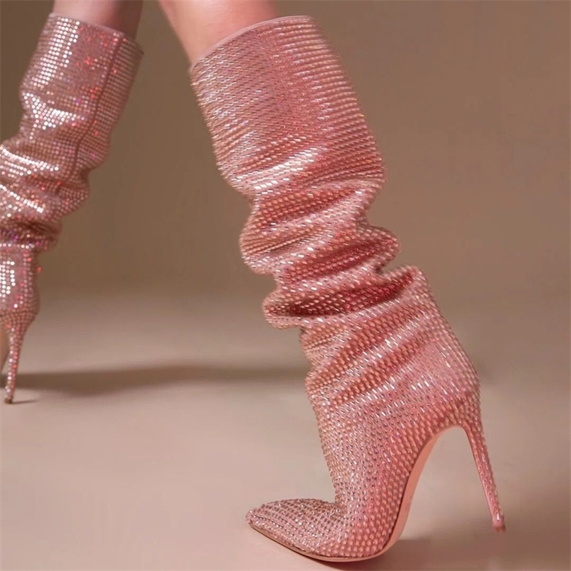 

Fashion Women Bling Stage Boots Woman Crystal Knee Boot Thin Heels Pointed Toe High Wedding Shoes Large Size 44 220810, Yellow