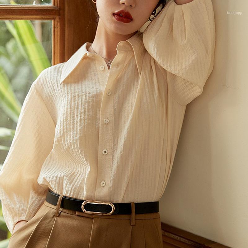 

Women' Blouses & Shirts Textured Puff Sleeve Women Turn-down Collar Single-breasted Five-point Shirt Female 2022 Summer Lady French, Apricot