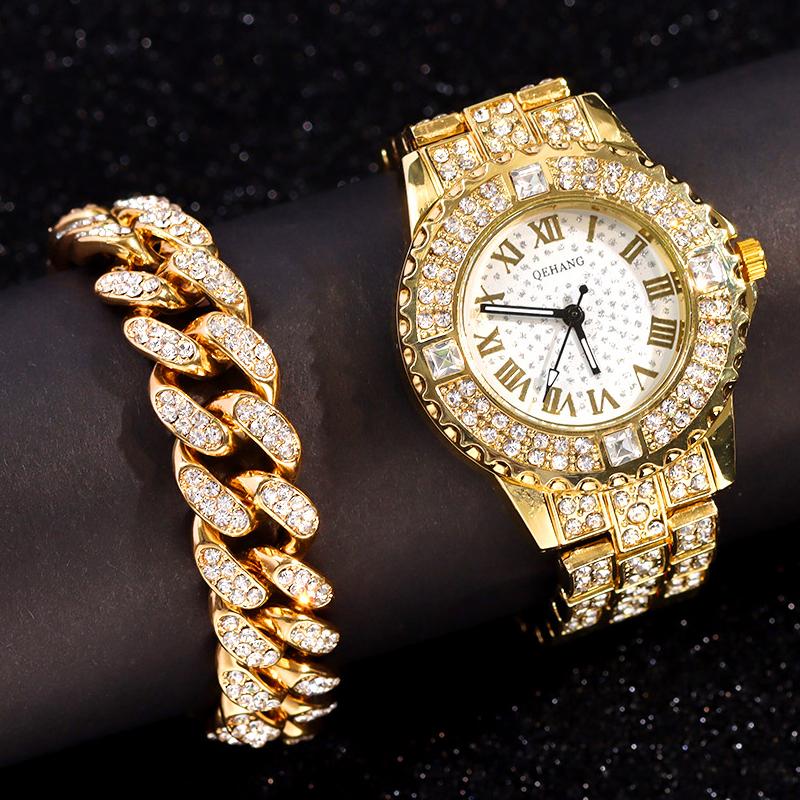 Montres-bracelets de luxe femmes montre bracelet or argent plein strass dames quartz mode décontracté 2pcs ensemble cristal horloge cadeaumontres