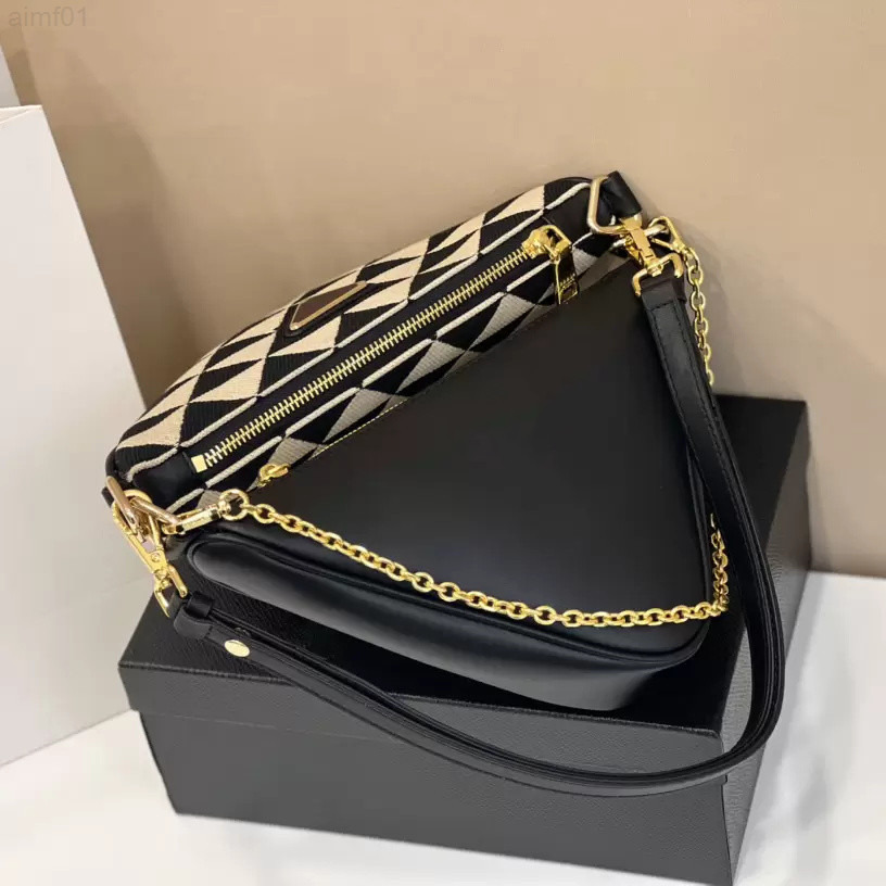 

Womens Leather and Canvas 2 in 1 Shoulde Bags Prads Diagonal Crossbody Bag Luxury Designer Gold Chain Triangle Handbags for Women with Coin, Extra fast shipping