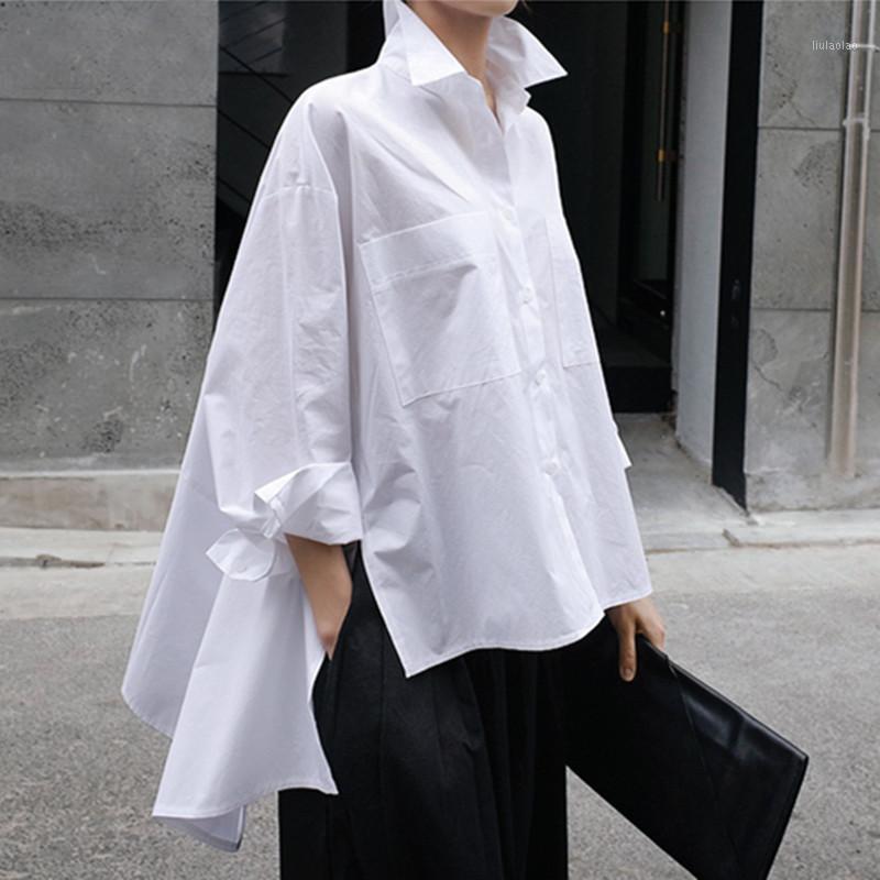 

Spring Autumn Lapel Long Sleeve White Back Loose Big Size Irregular Shirt Women Blouse Fashion Tide Women' Blouses & Shirts