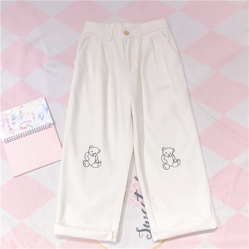

HWLZLTZHT Women Harajuku Korean Teen Girls Loose Thin Embroidery Pants Wild Casual Female Cute Japanese Kawaii Small Fresh Pants 201228, Beige