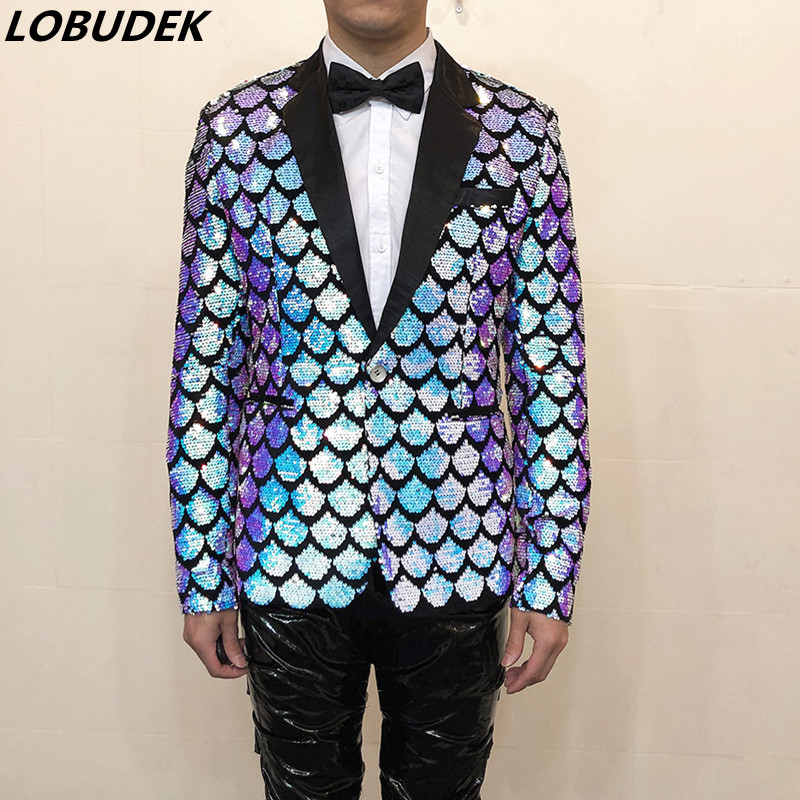 

Gradient Color Sequins Blazers Shiny Men' Scale Plaid Suit Dress Host Singer Performance Glitter Formal Tuxedo Nightclub Stage Wedding Slim Coat 3 Colors, Gradient blue