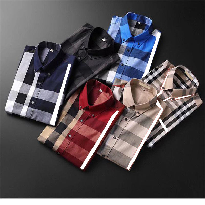 

Mens dress shirt slim shop collar plaid stripe short sleeve pure cotton designer brand spring summer business office casual men s wear