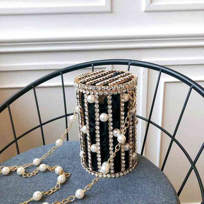 

Evening Bag Cylindrical Pearl Rhinestone Bag Women Luxury Small Metal Cage Party Purse Ladie Bead Necklace Bucket Shoulder Bag New 220622, Pink