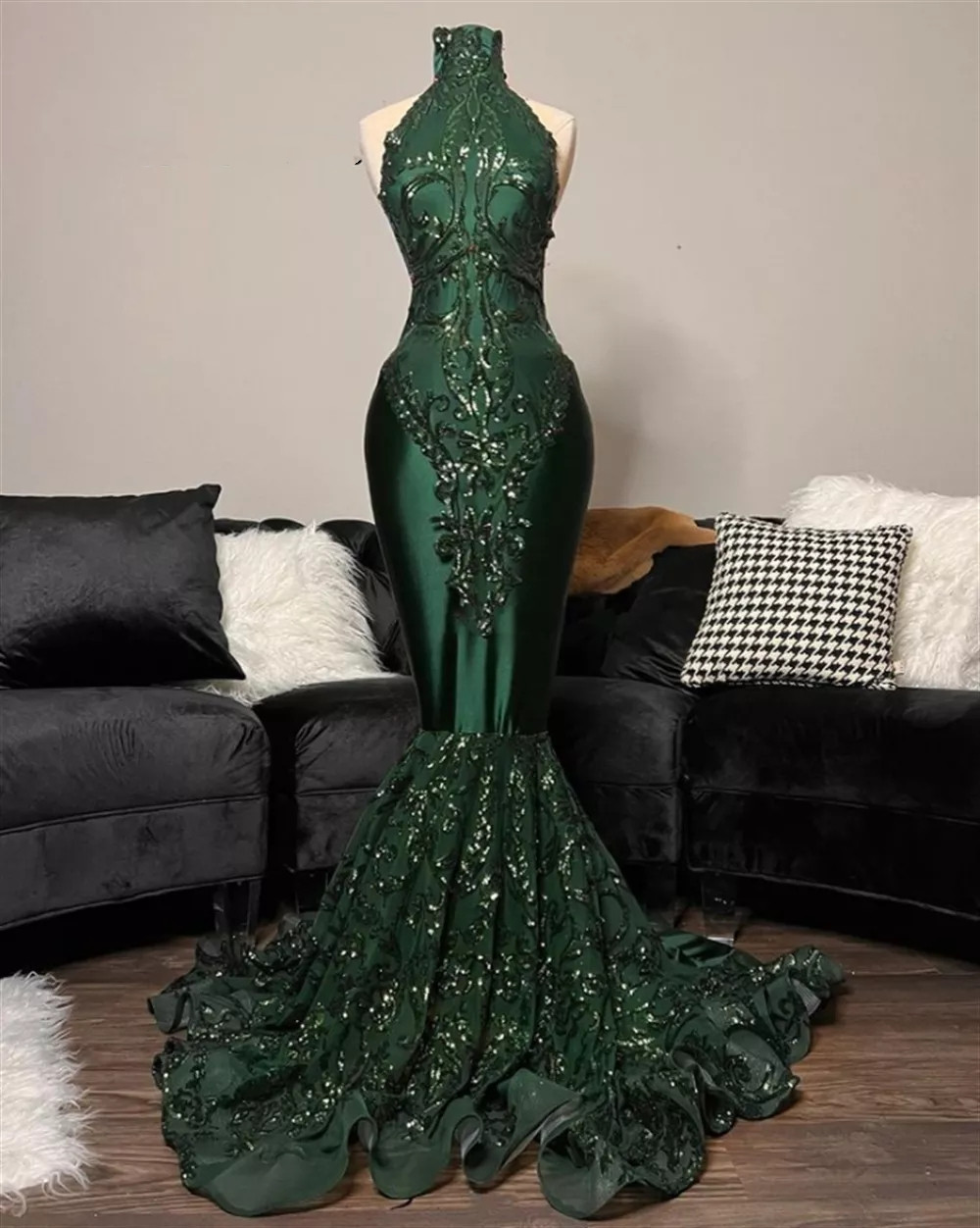 Robes de bal vert foncé 2024, robes de soirée en dentelle à paillettes pour filles noires