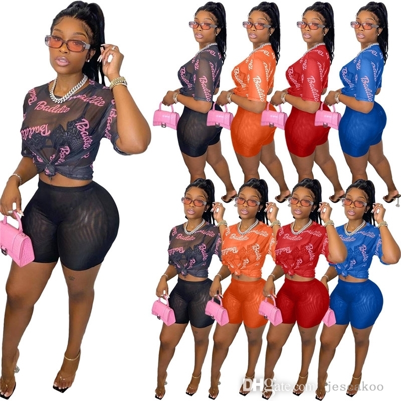 

Womens Tracksuits Fashion Letter Printed Casual Set Short Sleeve Outfits T-shirt + Shorts 2 Piece Set Sexy Sheer Mesh Matching Set, Black