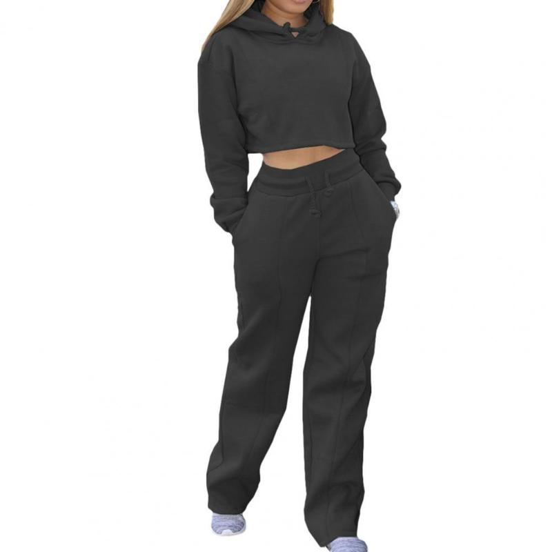 

Women' Two Piece Pants Solid Color Suit Hooded Wide Legs Drawstring Crop Top Hoodie For Autumn 2 Sets Womens Outfits, Black