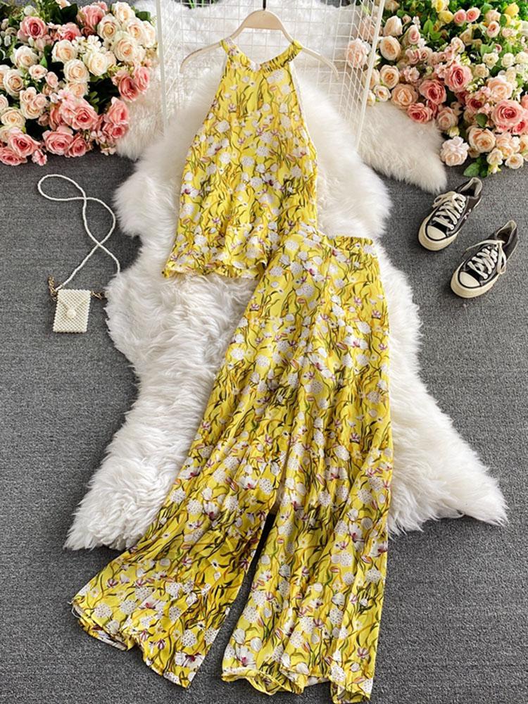 

Women's Tracksuits Summer Fashion Temperament Off-shoulder Chiffon Shirt Blouse Women Two-piece High-waist Pants Wide-leg Suit UK674, Blue