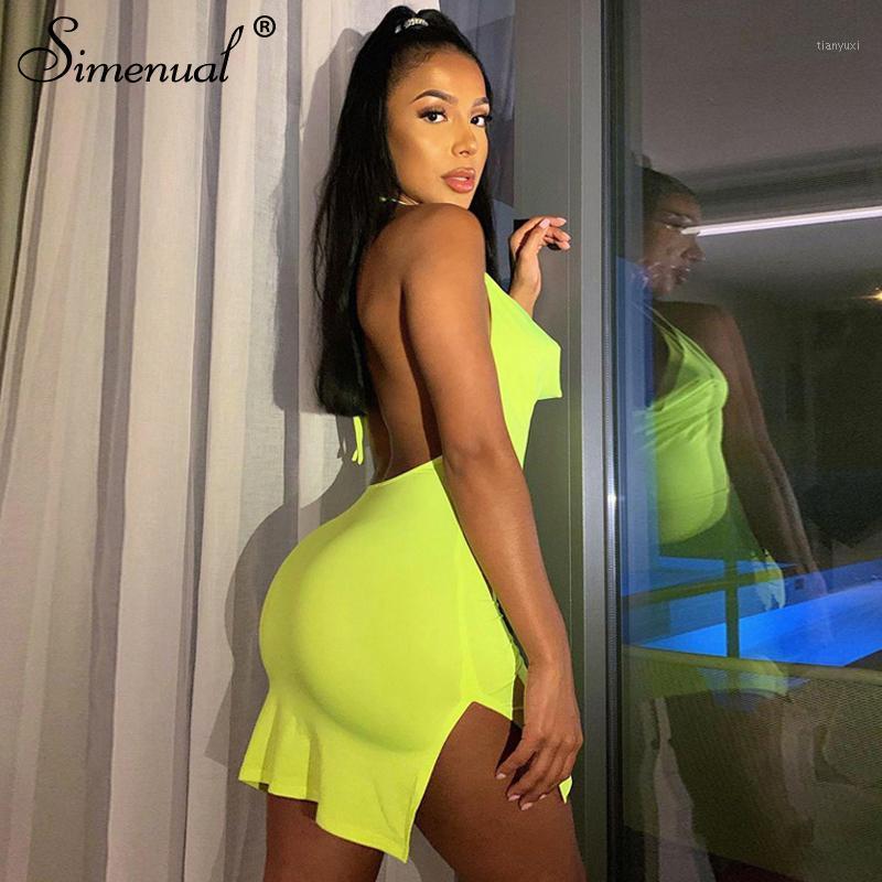 

Casual Dresses Simenual Backless Sexy Strap Halter Mini Side Slit Club Outfit For Women Bodycon Midnight Partywear Summer Dress Fashion, Black