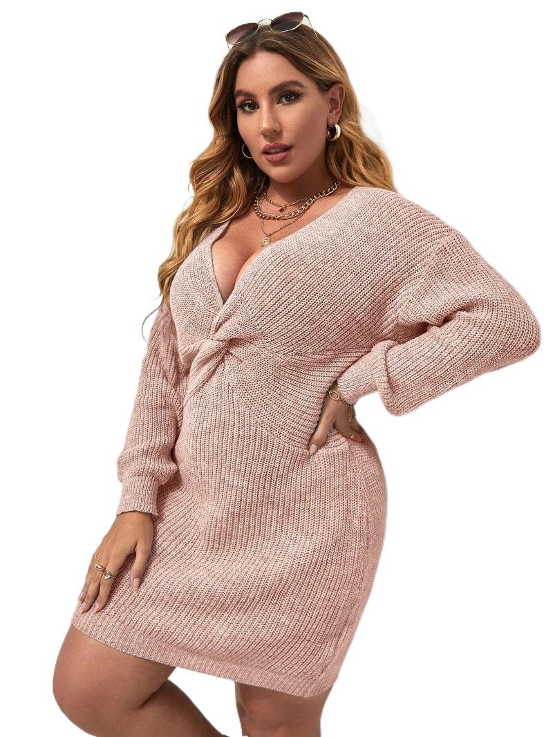 

Women's Plus Size T-Shirt Plunging Neck Twist Front Drop Shoulder Sweater Dress T36f#Women's, Khaki