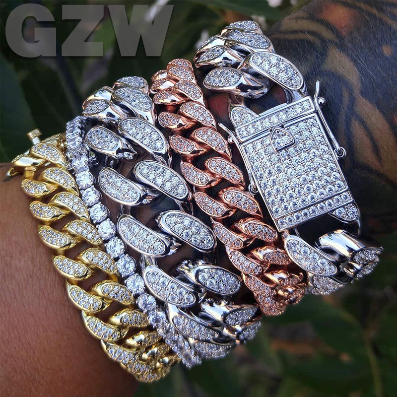 10-20mm Bling Big Cuban Link Chain Bracelet Bangle for Men Iced Out Prong CZ Stone Cubic Zirconia Hip Hop Chains Grunge Wristband Punk Rock Jewel