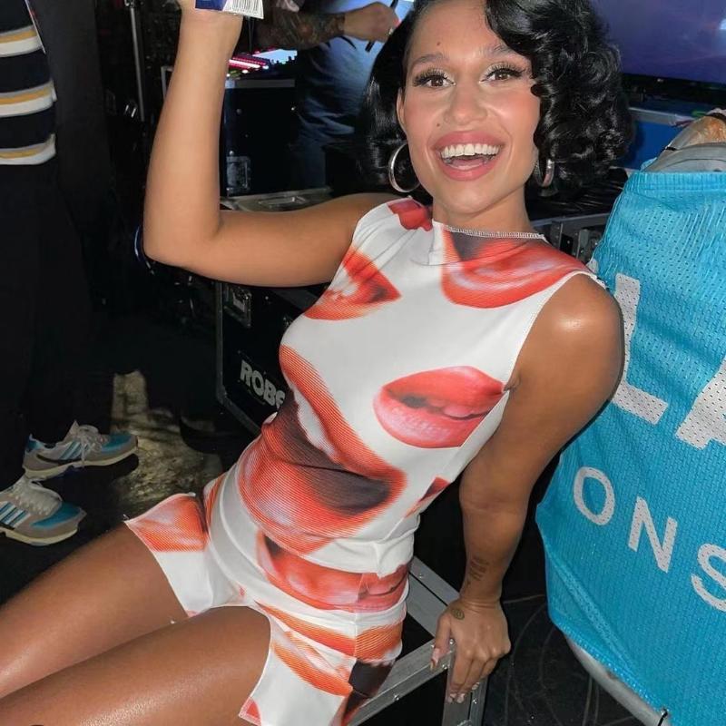 

Women's Tracksuits Pieces Female Suit Set 90s Mouth Print Crew Neck Sleeveless Crop Tops Short Package Hip Skirt For Summer Streetwear Y2kWo, Multi